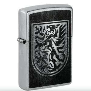Zippo Lighter: Dragon Shield Design Street Chrome Pocket Lighter